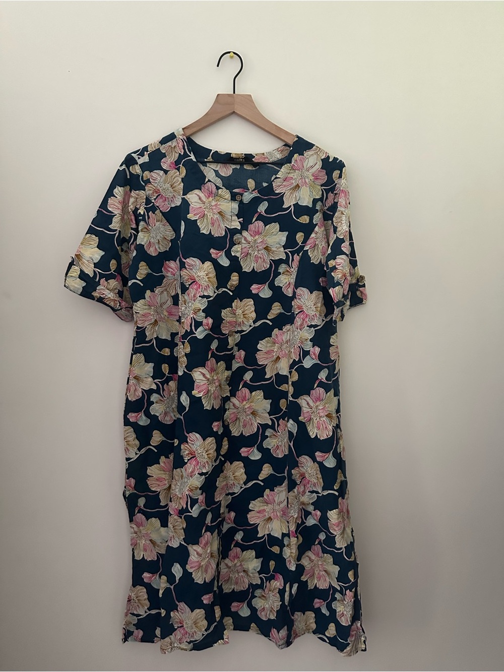 Floral Short Sleeve Kurti - Navy with Pink & Cream Flowers